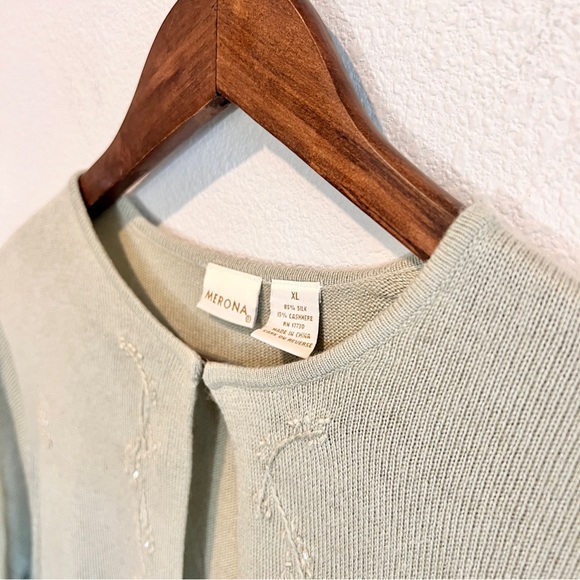 Merona Cardigan XL Pastel Green Silk Cashmere Embroidered Vintage Cottagecore - Picture 9 of 9